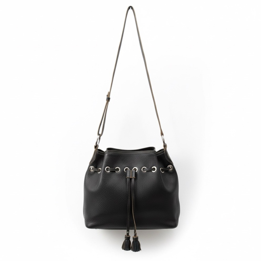 VTG Cole Haan Villager Black Pebbled Leather Drawstring Bucket Bag Crossbody